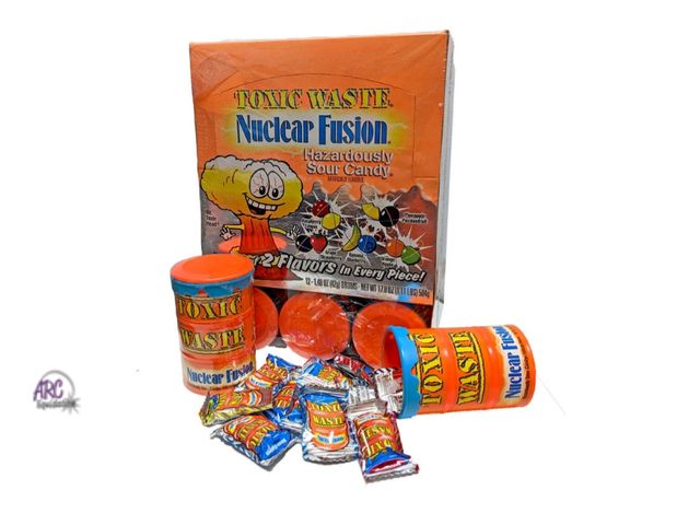 Lot 56-328317 - Toxic Waste Nuclear Fusion Candy, Case of 12 1.48 oz Drums, Best by 8/2025