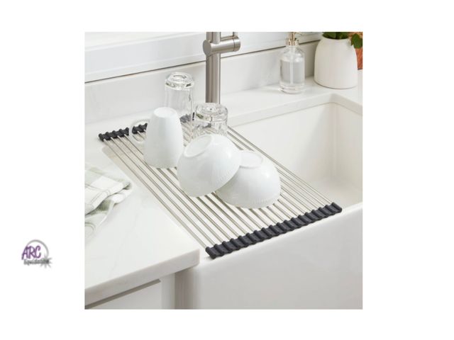 Lot 56-214634 - New Brightroom Over the Sink (Roll Away) Dish Drainer Silver - Stainless Steel Drying Rack Mat, Hand...