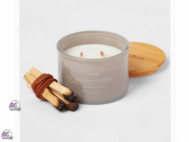 Lot 56-247496 - New Threshold 14oz 3-Wick Wooden Wick Leather and Embers Grey Glass Jar Candle Bold, smokey notes of...