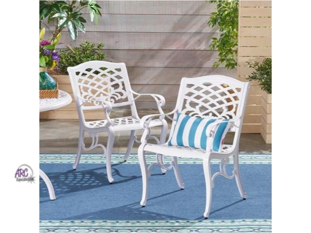 Lot 56-782764 - New in box. Retail $348. Phoenix White Armed Aluminum Outdoor Patio Dining Chair (2-Pack)