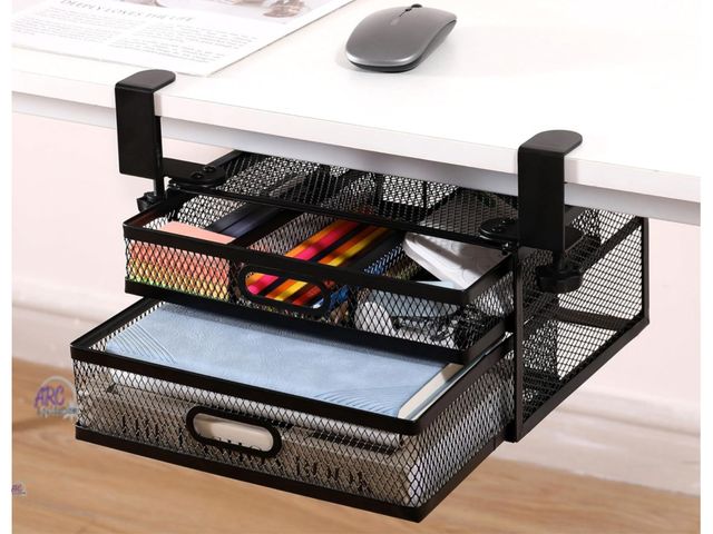 Lot 56-205660 - New Sliding Under Desk Drawer Organizer No Drilling 2 Drawers Slide Out Desktop Or Under Table Stora...