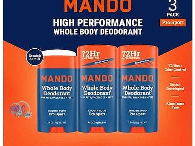 Lot 56-334761 - New 3 pack Mando high performance whole body deodorant. 72 hr odor control