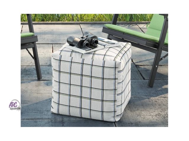 Lot 56-170314 - New Room Essentials 18"x15" Grid Outdoor Patio Pouf, White with Blue/Green/Black Stripes