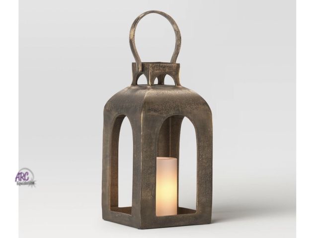 Lot 56-154912 - New Threshold 13"x7.5" Pillar Cast Aluminum Lantern Candle Holder Gold Candle sold separately
