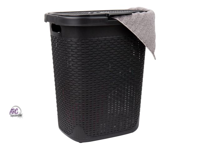 Lot 56-550818 - Possible use Mind Reader Slim Laundry Hamper with Lid, 40L Clothes Basket, Linen Design, Plastic, Bl...
