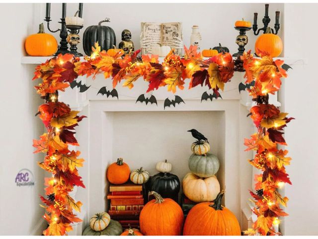 Lot 56-612524 - New 6FT Fall Garland with Lights Autumn Fall Maples Leaves Garland with Pumpkins Berries Pine Cones ...