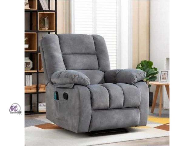 Lot 56-790665 - New in box. Heat and massage. Gray Overstuffed Fabric Recliner Chairs with 8-Point Vibration Massage...