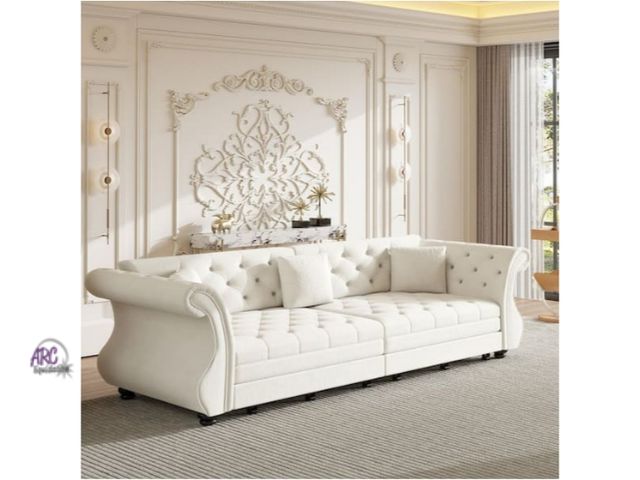 Lot 56-758160 - New in box. Retail $826. Sharon 97.6 in. Beige White Velvet Upholstery King Size Sofa Bed with Pull-...