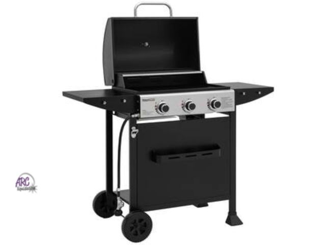 Lot 56-283751 - NEW 3-Burner BBQ Liquid Propane Gas Grill with Front Spice Rack, 2 Side Shelves and Hooks, Cart Styl...