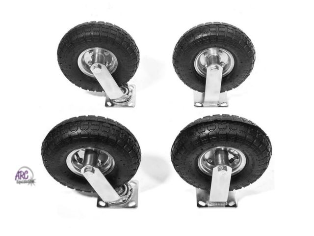 Lot 56-526040 - VERY SLIGHTLY USED-TIRE TREAD MAY VARY FROM PICTURE-set of 4 10" 4.10/3.50-4 tires on castors
