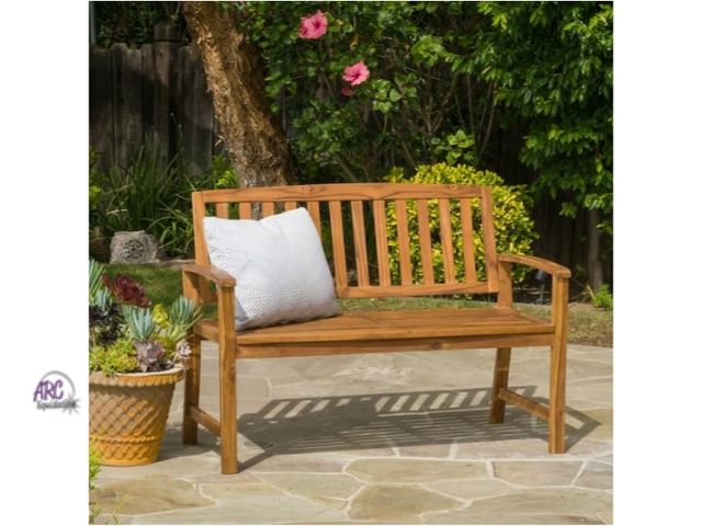 Lot 56-781340 - New in box. Teak Finish. Made from  Acacia wood. Indoor outdoor Bench