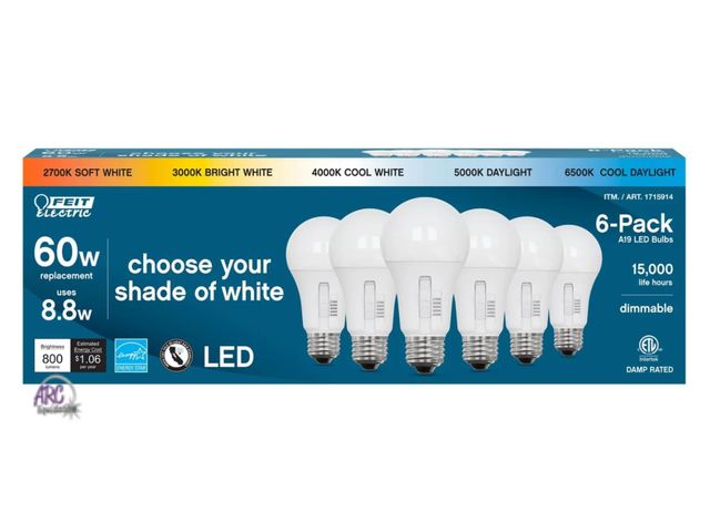 Lot 56-446460 - New Open Box - Tested &amp; Works - (6 Pack) Feit Electric LED 5-Color Choice - 60W Equivalent - 800...