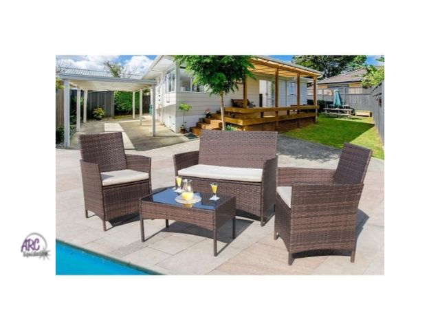 Lot 56-747559 - New in box. Brown 4-Pieces Wicker Outdoor Patio Furniture Sets Rattan Chair Wicker Set with Beige Cu...