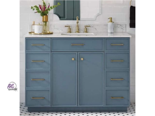 Lot 56-718445 - New in box. Marcote 48 in. Single Sink Freestanding Slate Blue Bath Vanity with Venato Engineered St...