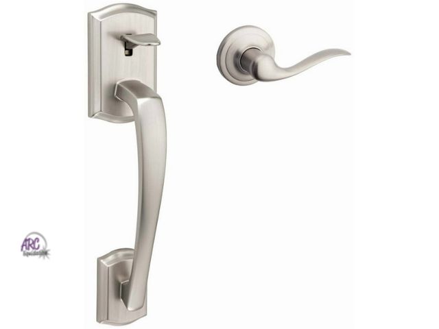 Lot 56-753950 - New out of package Kwikset Prescott Satin Nickel Entry Handleset 1-3/4 in