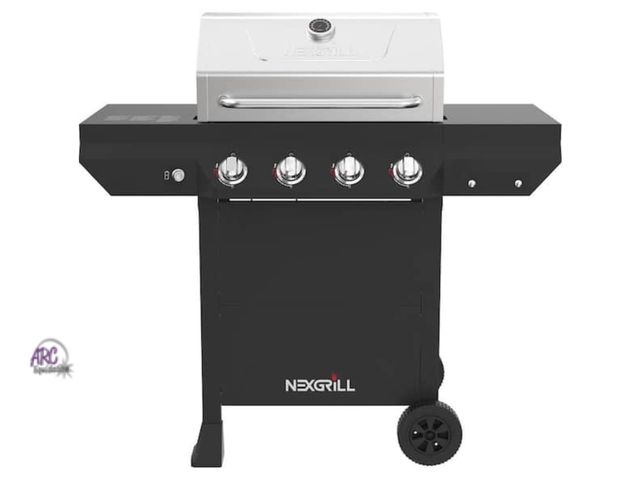 Lot 56-235847 - New in box 4-Burner Propane Gas Grill in Black with Stainless Steel Main Lid Damaged box and back si...