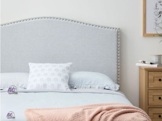 Lot 56-700014 - New in box. My Texas House Kennedy Nailhead Trim Curved Upholstered Headboard, Full, Light Gray
