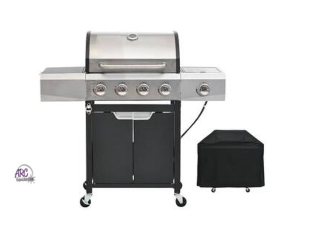 Lot 56-287452 - New in box 4-Burner Propane Gas Grill in Stainless Steel with Side Burner, Condiment Rack and Built-...