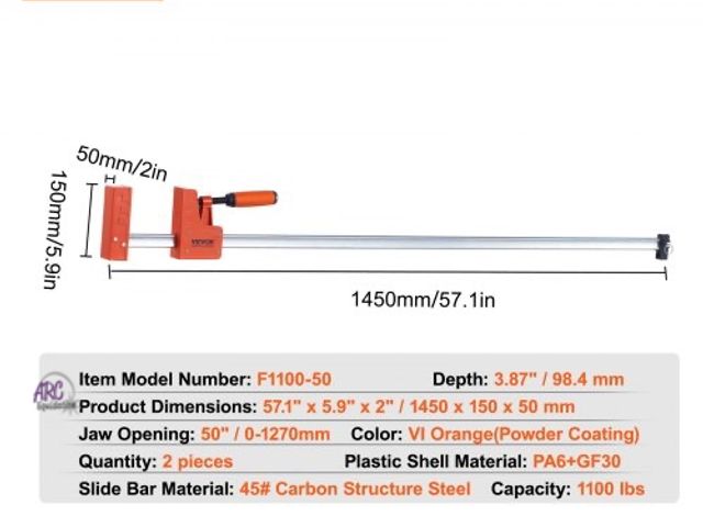 Lot 56-757898 - Bar Clamp for Woodworking. 50" Parallel Clamp , F Clamp with 1100 lbs Load