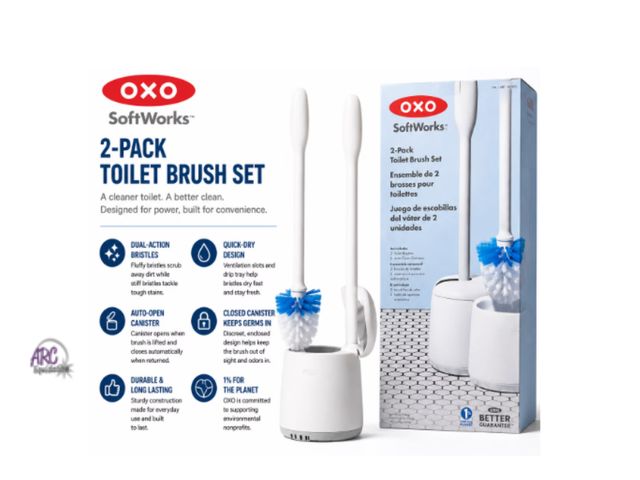 Lot 56-222861 - New In Box - OXO SoftWorks 2-Pack Toilet Brush Set with Auto-Open Canisters, Dual-Action Bristles &a...