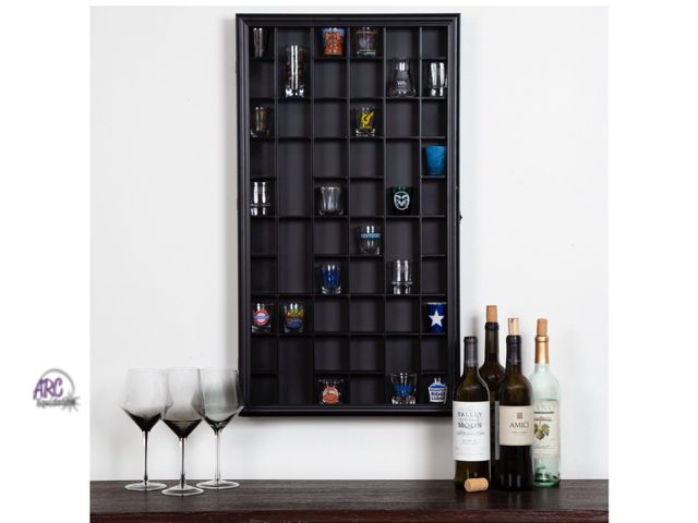 Lot 56-334318 - New in box, Gallery Solutions - Black Wall-Mounted - Curio &amp; Shot Glass Display Case - 17"x32