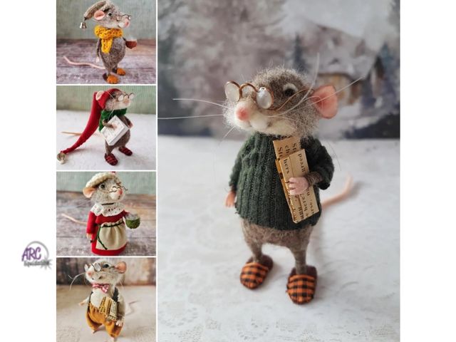 Lot 56-155630 - New Lot of 5 Needle Felted Christmas Wool Felt Mouse Ornament Decorations (5 Different Mice)