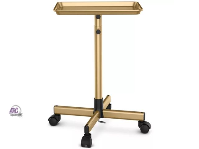 Lot 56-527140 - NEW-Gold salon tray on wheels  42 inches (H) x 18 inches (W) x 18 inches (D)
