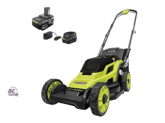 Lot 56-785723 - Used tested and works. Ryobi ONE+ 18V 13 in. Cordless Battery Walk Behind Push Lawn Mower with 4.0 A...