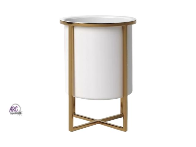 Lot 56-385712 - 2pc Iron Indoor Outdoor Planter Pot with Stand White/Brass 9x9x12.1- Threshold