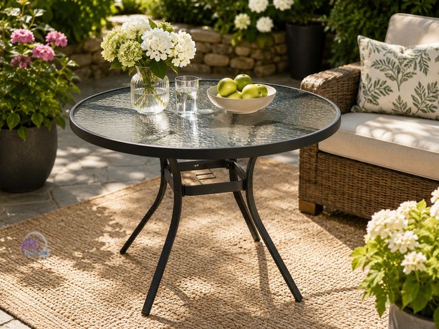 Lot 56-635464 - New Opened Box - 40 in, Round Glass Steel Frame Outdoor Dining Table
