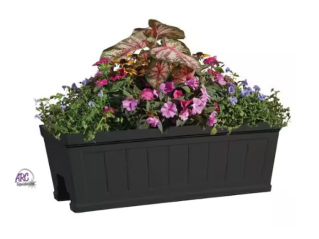 Lot 56-436360 - New -  (28 in. L x 12 in. W x 12 in. H) - Hanover Medium Black Resin Deck Rail Planter and All Weath...