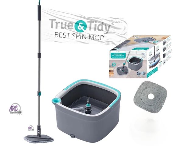 Lot 56-544417 - SLIGHTLY USED-WASHED-True &amp; tidy Spin Mop and Bucket with Separate Compartments for Clean and Di...