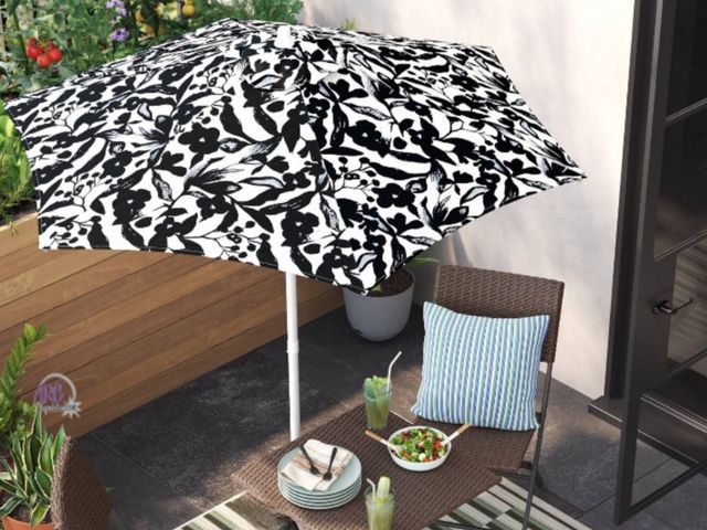 Lot 56-482313 - NEW- 6' Round Floral Monochrome Outdoor Patio Market Umbrellas Jet Black with White Pole Rust-resist...