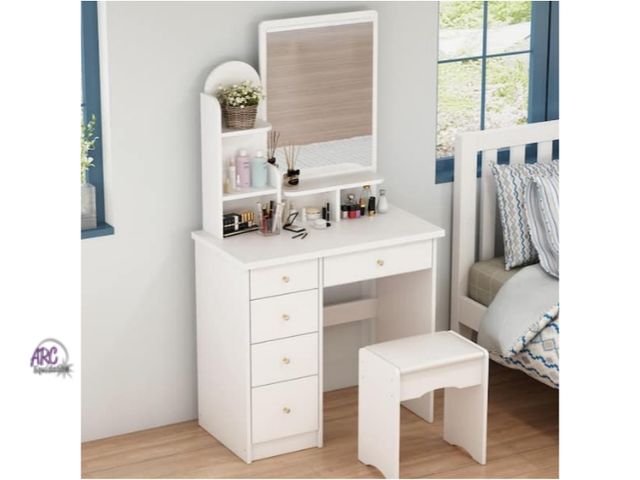 Lot 56-706667 - New in box. 5-Drawers White Makeup Vanity Sets Wood Dressing Desk With Mirror, Stool and 3-Tier Stor...
