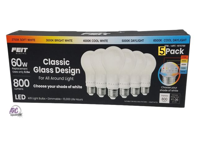 Lot 56-422560 - New Open Box - Tested &amp; Works - 5-pack - Feit Electric 60W Replacement 5-CCT LED Classic Glass A...