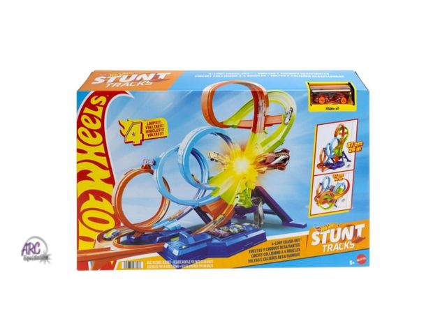 Lot 56-150930 - New Hot Wheels Action 4-Loop Crash Out Track Set with Motorized Booster &amp; 1:64 Scale