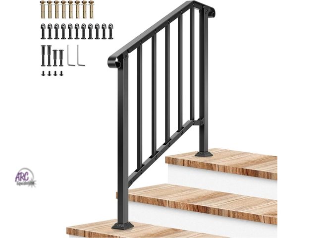Lot 56-755050 - New in box. Outdoor Handrail, 3 Step Stair Handrail, 40" x 36" Fits 1 to 3 Steps, Wrought Mattle Iro...