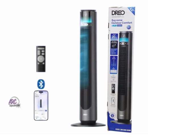 Lot 56-490464 - Open Box - DREO - Outdoor Misting 42 in. 12-fan speeds Tower Fan in Black with Remote, 20 ft. Mist, ...