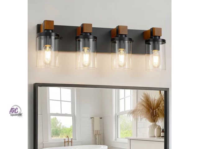 Lot 56-635050 - New - 4-Light Farmhouse Bathroom Light Fixtures, Wood Matte Black Vanity Lights Over Mirror with Cle...