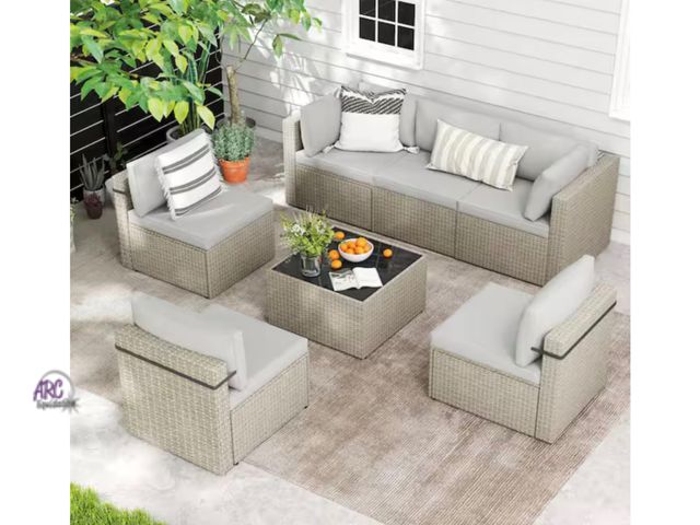 Lot 56-605960 - New Opened Boxes - Retails $819 Gray 7-Piece Wicker Outdoor Sectional Set with Coffee Table and Gray...