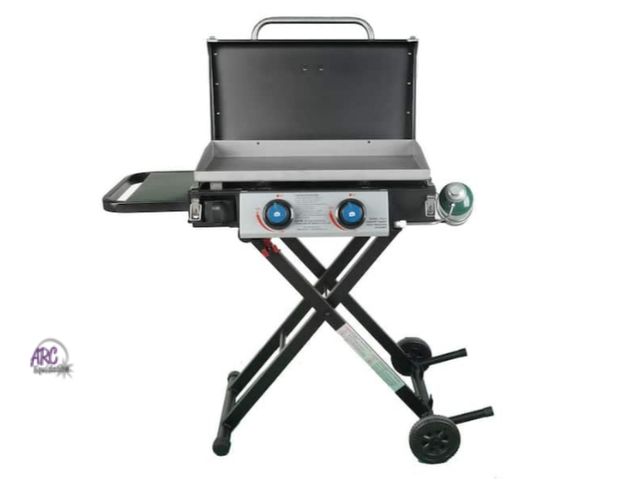 Lot 56-785638 - New in box. Razor 25 in. 2-Burner Portable Propane Gas Griddle with Lid and Folding Cart in Black
