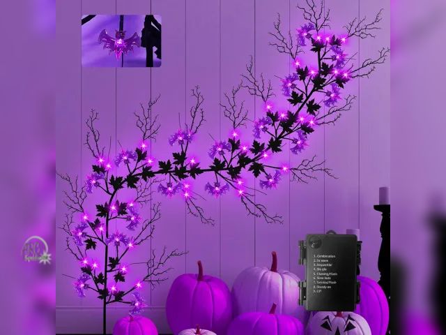 Lot 56-370098 - New,6Ft 54 LED Halloween Willow Vine Twig Garland with Bats Purple Lights, Timer &amp; 8 Modes Water...