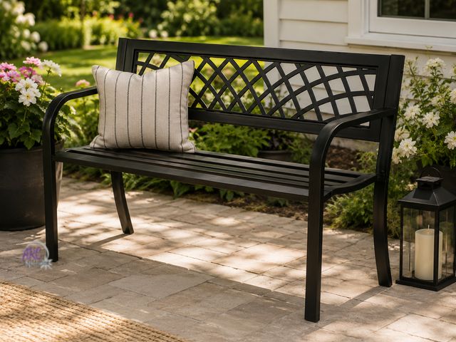 Lot 56-790265 - New in box. 46 in. Metal Outdoor Garden Bench, 480 lbs. Load Capacity with Backrest and Armrests for...