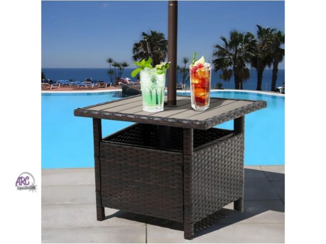 Lot 56-758460 - New in box. Wicker Rattan Patio Side Table Outdoor Furniture for Garden, Pool, Deck with Umbrella Ho...