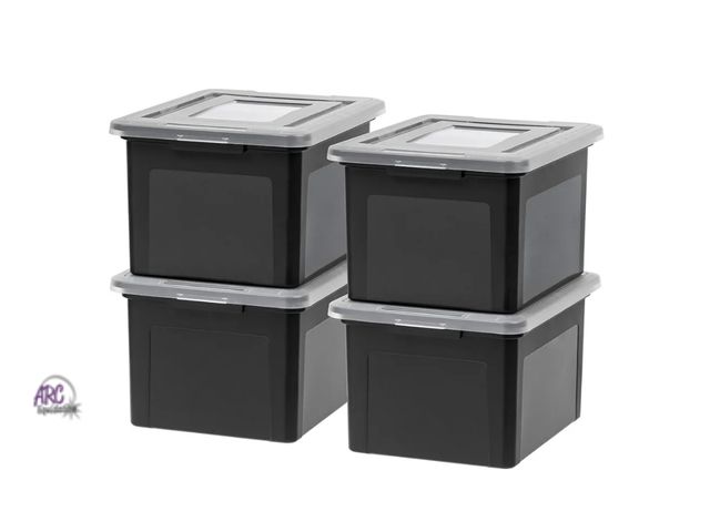 Lot 56-737018 - New 4 pack 35 qt IRIS USA File Box, Plastic File Organizer with Lids for Letter/Legal File, Portable...