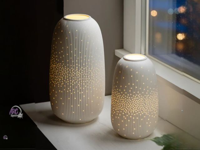 Lot 56-512065 - NEW-TESTED- 2 pack LED white porcelain lanterns-10" and 13.5" tall