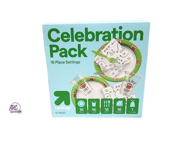 Lot 56-201558 - New - Slight Box Damage - Game Day Celebration Pack - 16 Place Settings - 16 Plates, Cups, Plastic S...