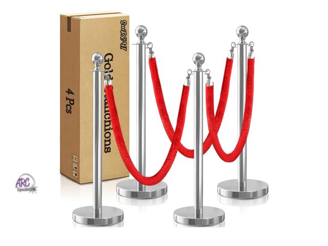 Lot 56-273851 - New 4 Pcs Sliver Stanchions with Velvet Ropes with 3 Pcs 5 Ft Red Velvet Ropes Carpet Ropes Posts St...