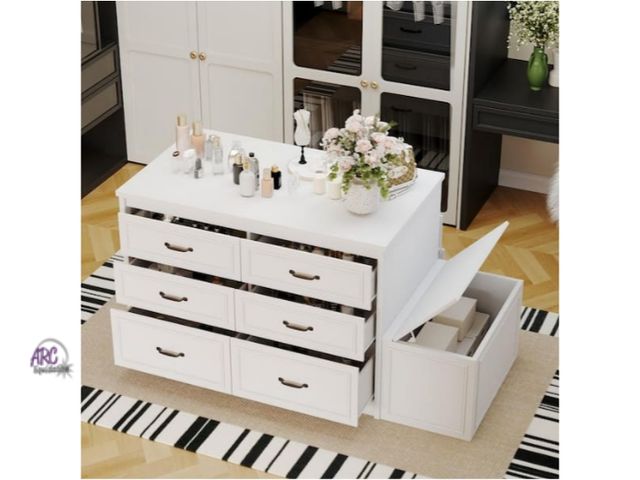 Lot 56-759561 - New in box. White 12-Drawer 61.9 in. Dresser with Flip-Top Storage Bench, Gray Cushion, and Large Ca...