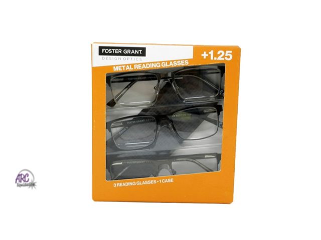 Lot 56-164914 - New Design Optics By Foster Grant Metal Reading Glasses +1.25 3 Count